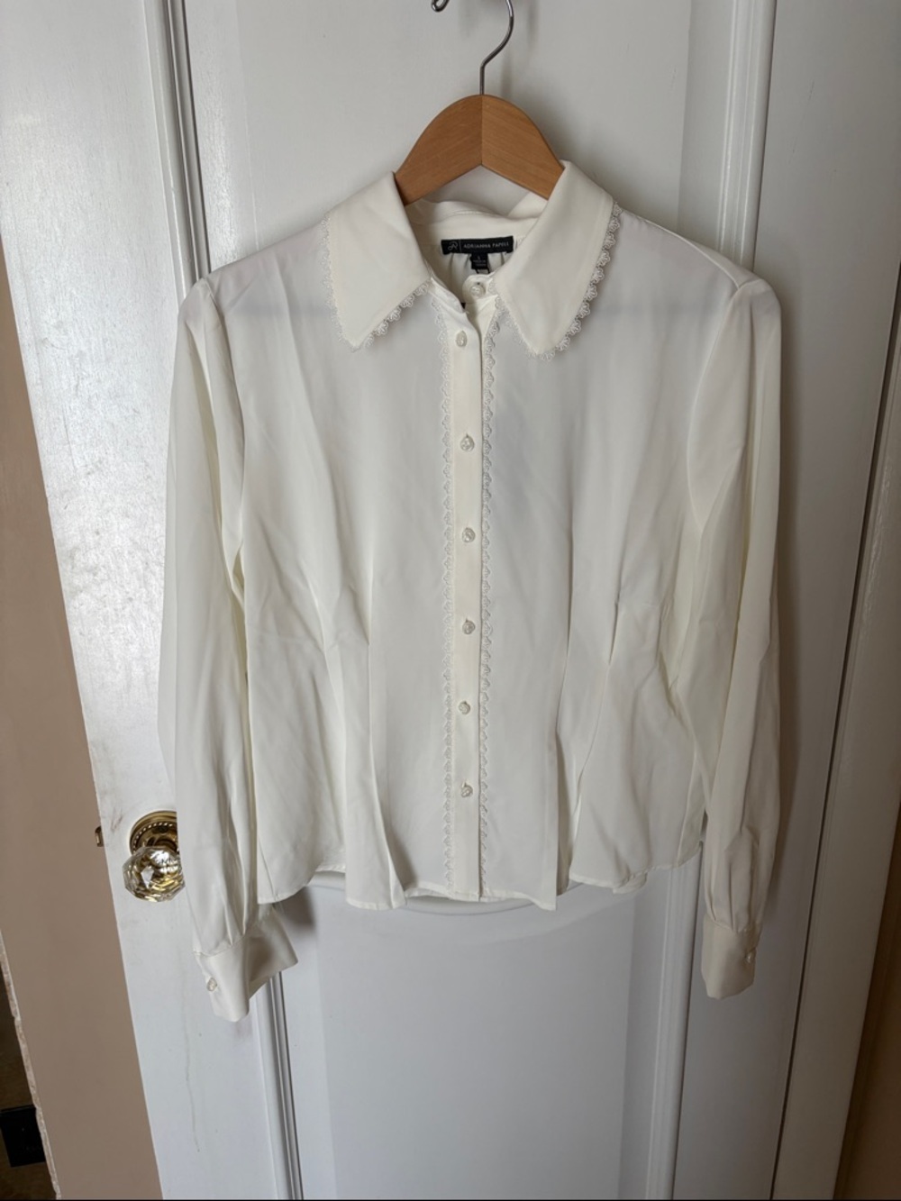 Adrianna Papell Cream Lace-Trim Button-Down Blouse